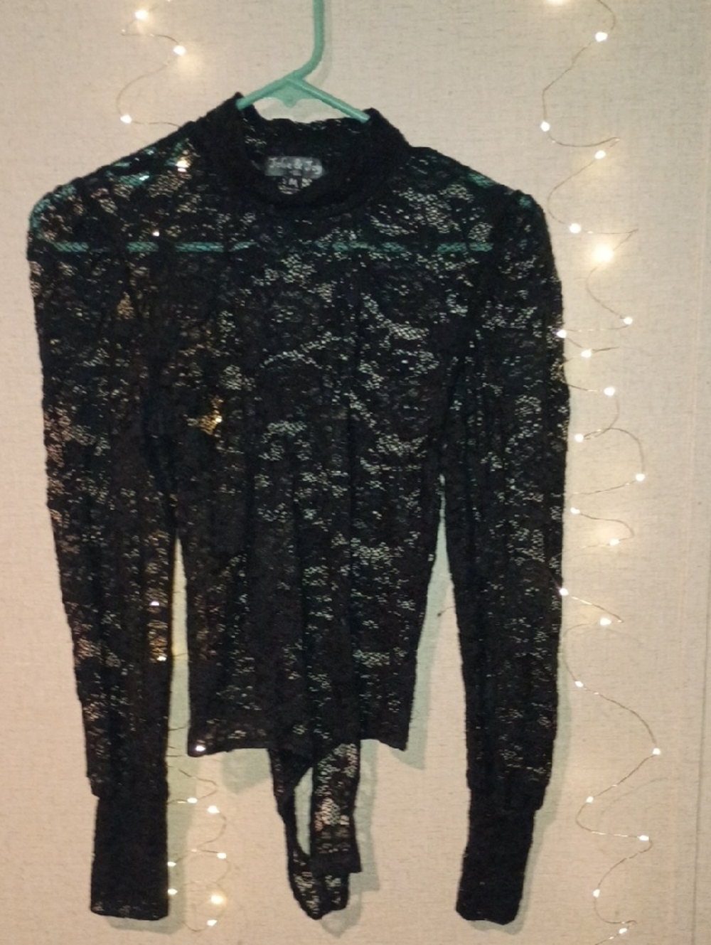 Sheer Black Lace Long-Sleeve Mock Neck Top